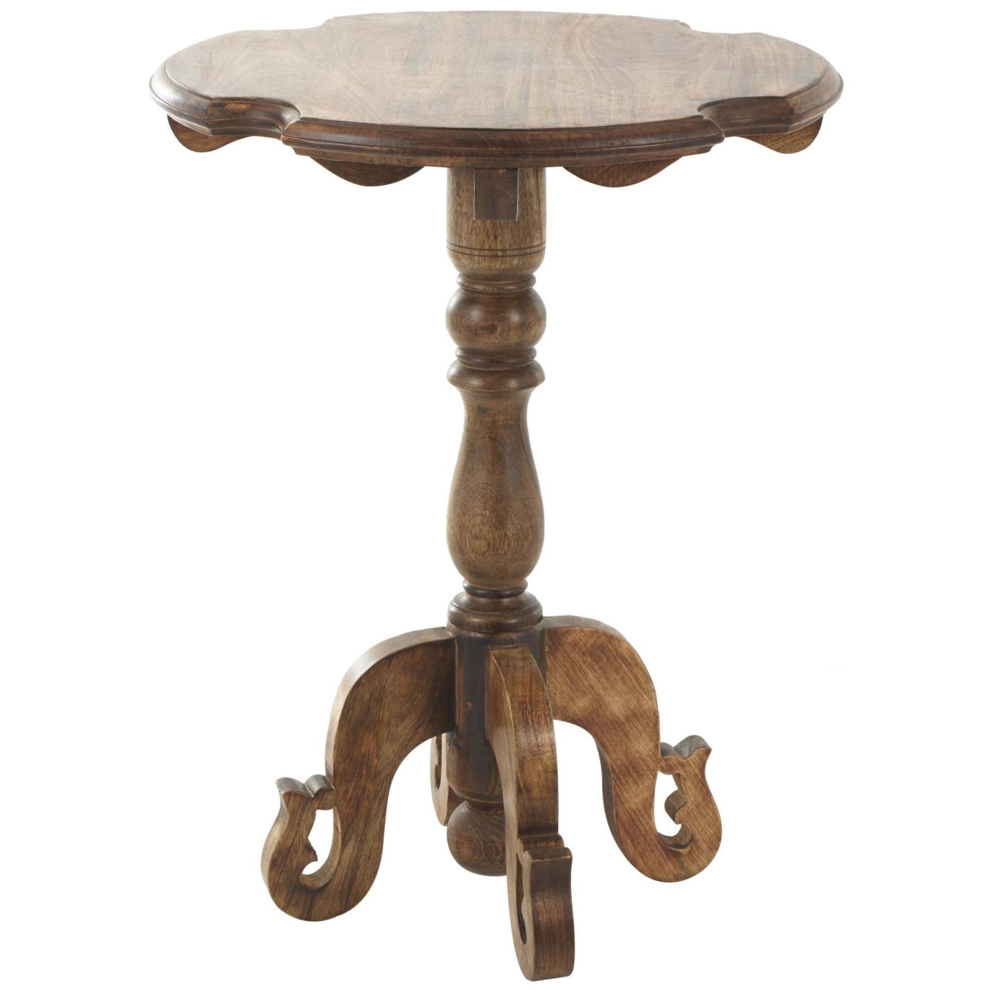 Brown Mango Wood Turned Accent Table with Scrolled Legs and Cutout Tabletop